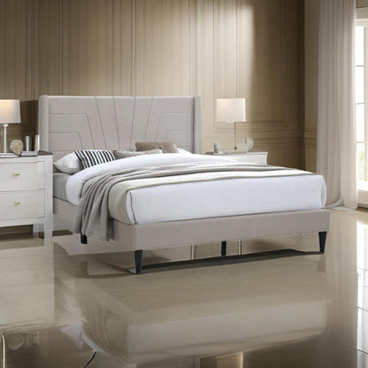 Kopa Queen Size Bed with Tufted Headboard, Brown Burlap Upholstery, Wood