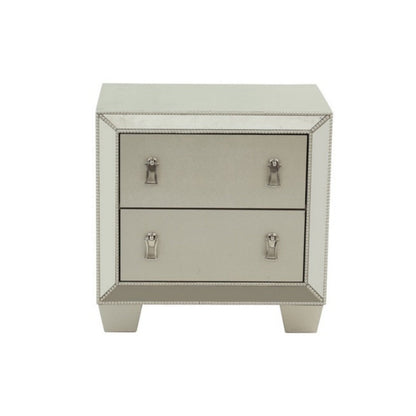 Dem 26 Inch Nightstand with 2 Drawers, Platinum Trim, Silver Wood Finish