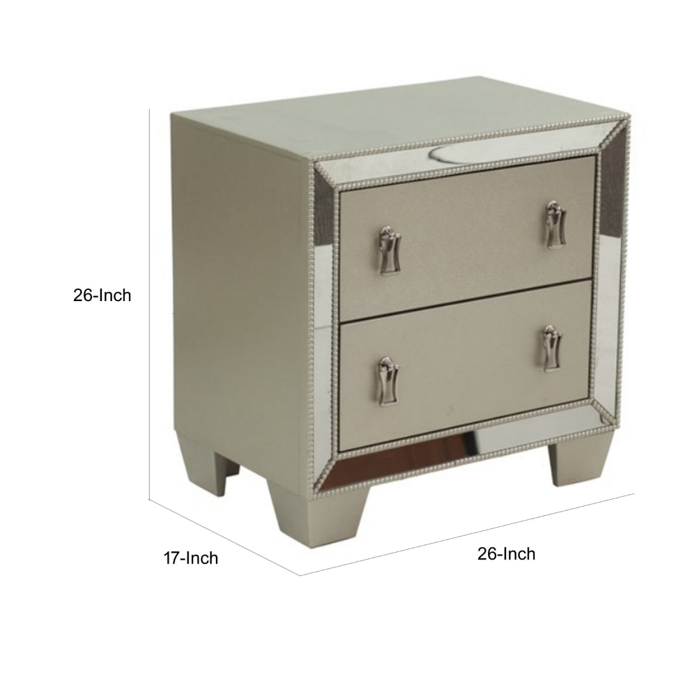 Dem 26 Inch Nightstand with 2 Drawers, Platinum Trim, Silver Wood Finish
