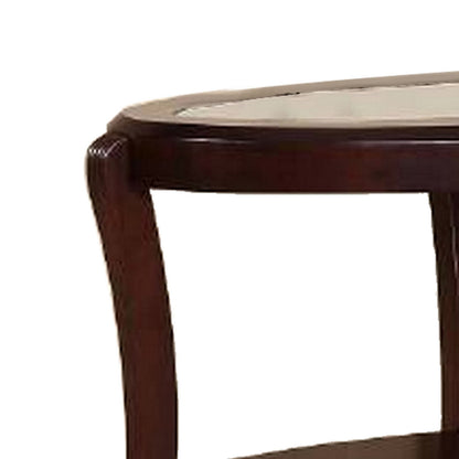 Lyn 51 Inch Console Table with Oval Glass Top and Lower Shelf, Brown Wood
