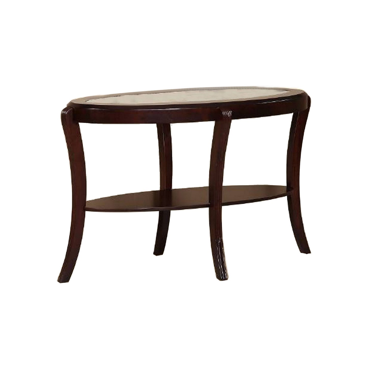 Lyn 51 Inch Console Table with Oval Glass Top and Lower Shelf, Brown Wood
