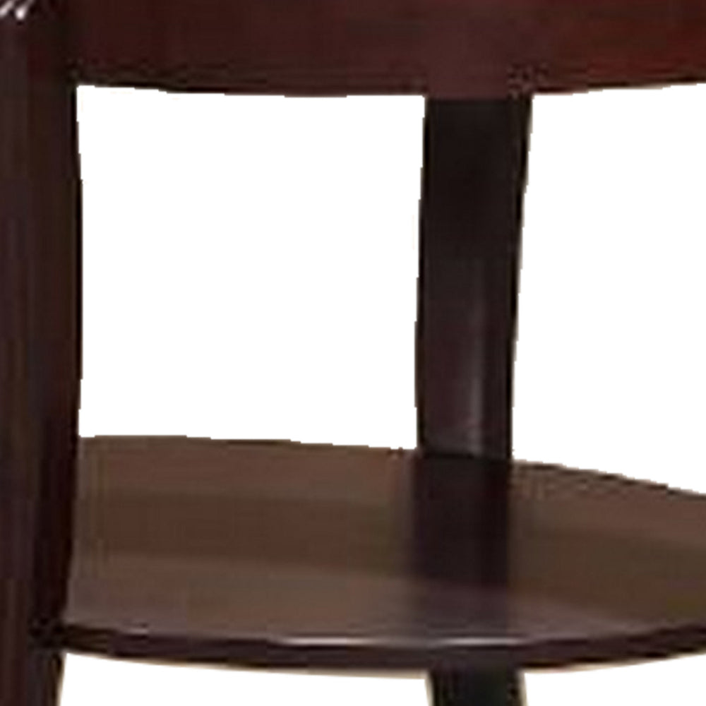 Lyn 31 Inch Side End Table with Oval Glass Top and Lower Shelf, Brown Wood