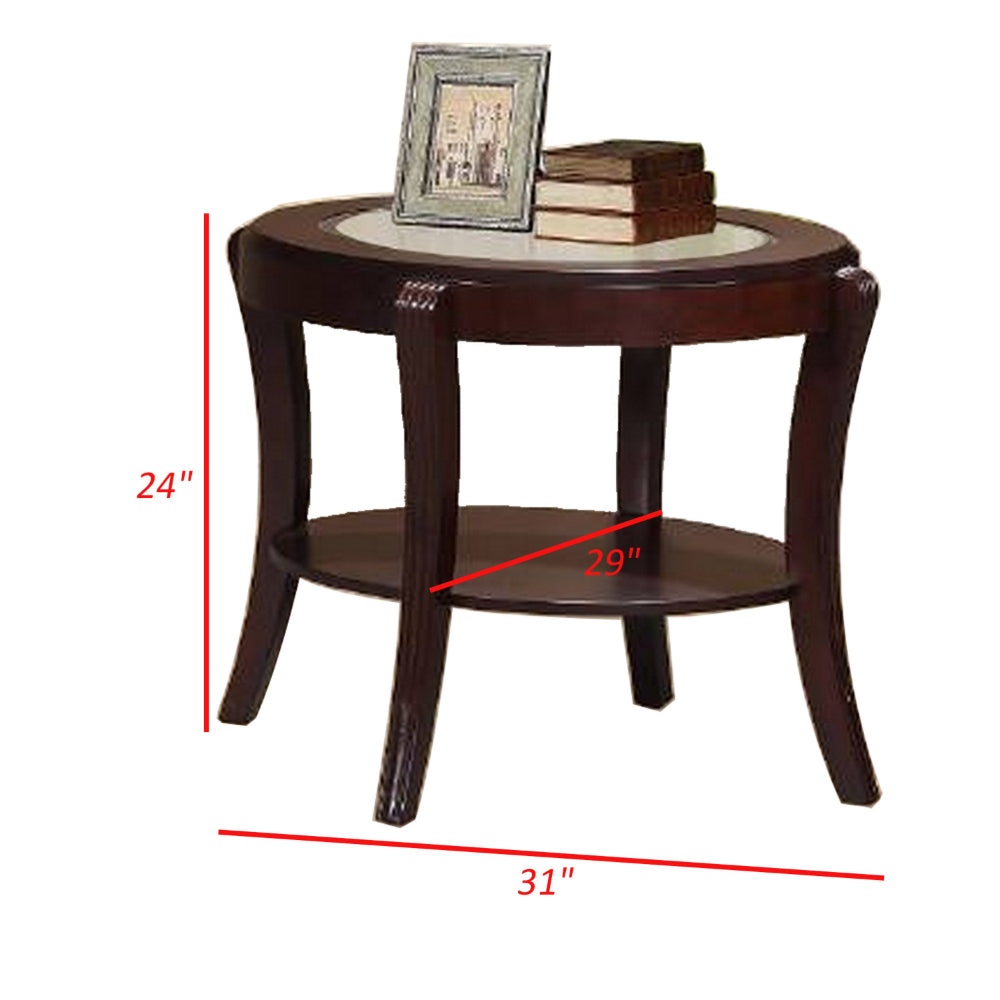 Lyn 31 Inch Side End Table with Oval Glass Top and Lower Shelf, Brown Wood