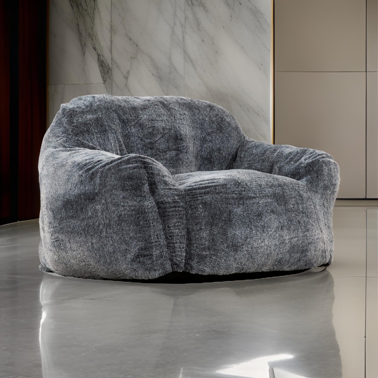45 Inch Bean Bag Chair, Memory Foam, Faux Rabbit Fur, Grayish Blue