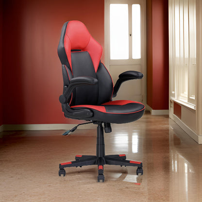 28 Inch Office Gaming Chair, 360 Degree Swivel, Black, Red Faux Leather