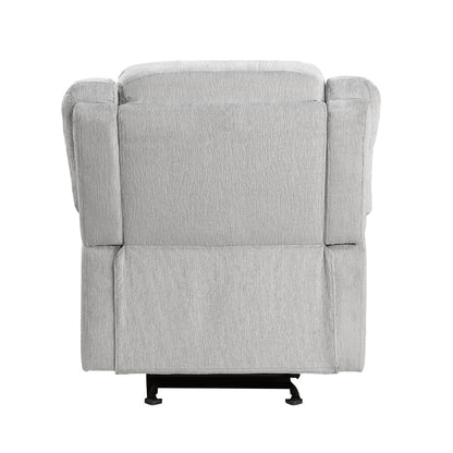 Chris 38 Inch Manual Glider Recliner Chair, Solid Wood, Light Gray Chenille