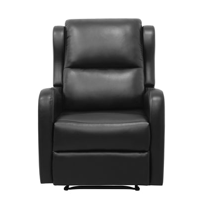 Kim 38 Inch Manual Recliner Chair, Cushioned Black Faux Leather, Solid Wood