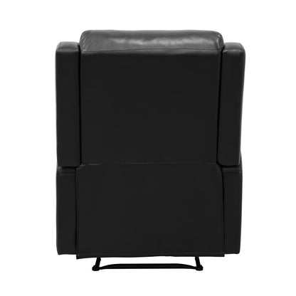 Kim 38 Inch Manual Recliner Chair, Cushioned Black Faux Leather, Solid Wood