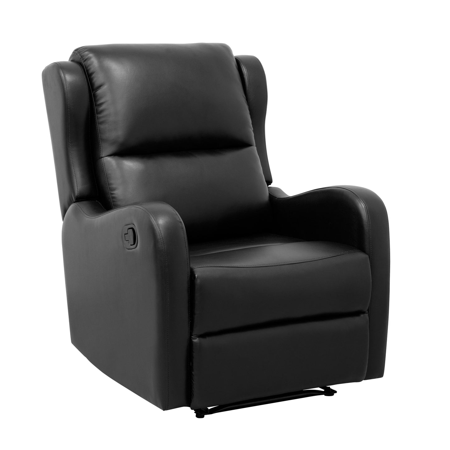 Kim 38 Inch Manual Recliner Chair, Cushioned Black Faux Leather, Solid Wood
