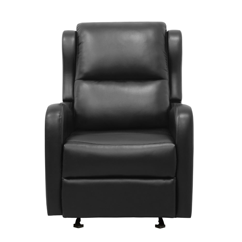 Kim 39 Inch Glider Manual Recliner Chair, Black Faux Leather, Solid Wood