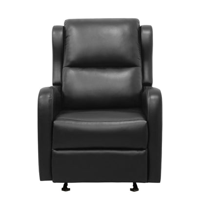 Kim 39 Inch Glider Manual Recliner Chair, Black Faux Leather, Solid Wood