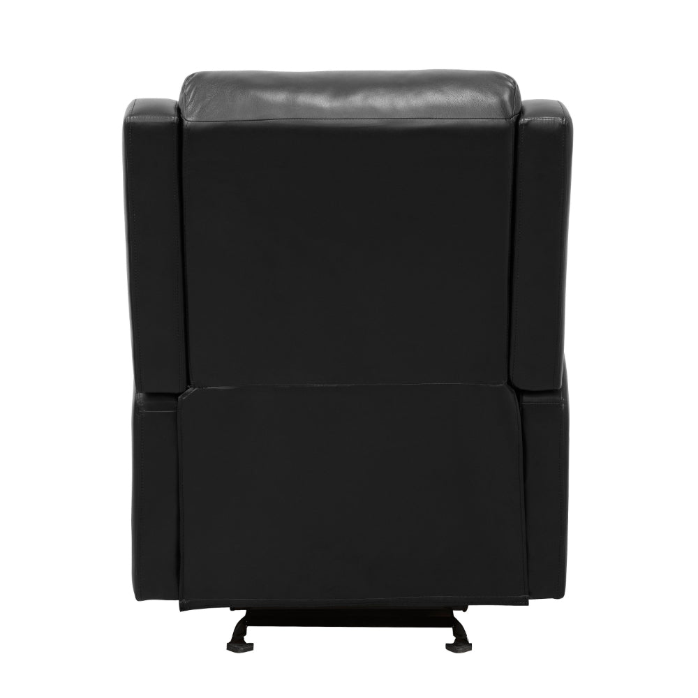 Kim 39 Inch Glider Manual Recliner Chair, Black Faux Leather, Solid Wood