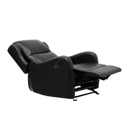 Kim 39 Inch Glider Manual Recliner Chair, Black Faux Leather, Solid Wood