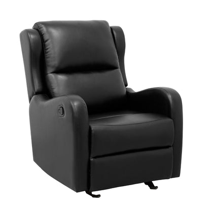 Kim 39 Inch Glider Manual Recliner Chair, Black Faux Leather, Solid Wood
