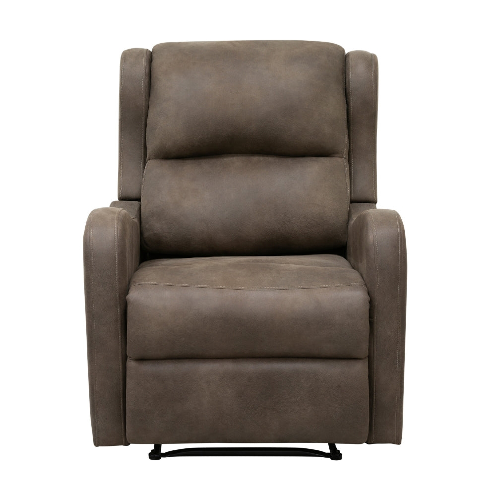 Kim 38 Inch Manual Recliner Chair, Cushioned Brown Microfiber, Solid Wood