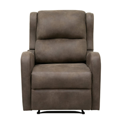Kim 38 Inch Manual Recliner Chair, Cushioned Brown Microfiber, Solid Wood