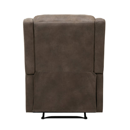 Kim 38 Inch Manual Recliner Chair, Cushioned Brown Microfiber, Solid Wood