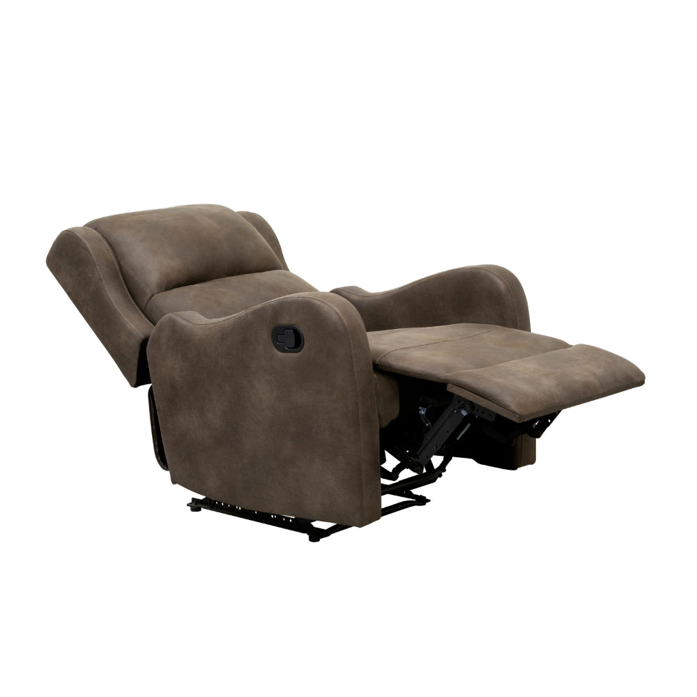 Kim 38 Inch Manual Recliner Chair, Cushioned Brown Microfiber, Solid Wood