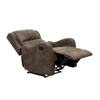 Kim 38 Inch Manual Recliner Chair, Cushioned Brown Microfiber, Solid Wood
