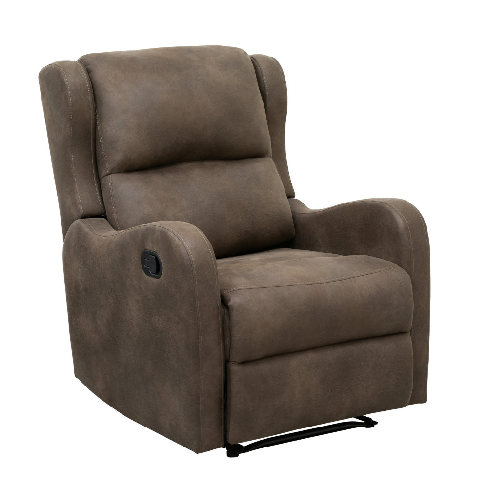 Kim 38 Inch Manual Recliner Chair, Cushioned Brown Microfiber, Solid Wood