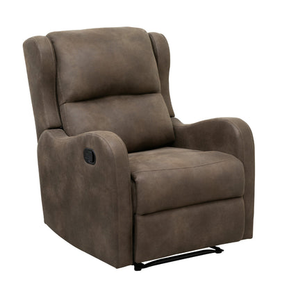 Kim 38 Inch Manual Recliner Chair, Cushioned Brown Microfiber, Solid Wood