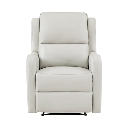 Kim 38 Inch Manual Recliner Chair, Off White Faux Leather, Solid Wood
