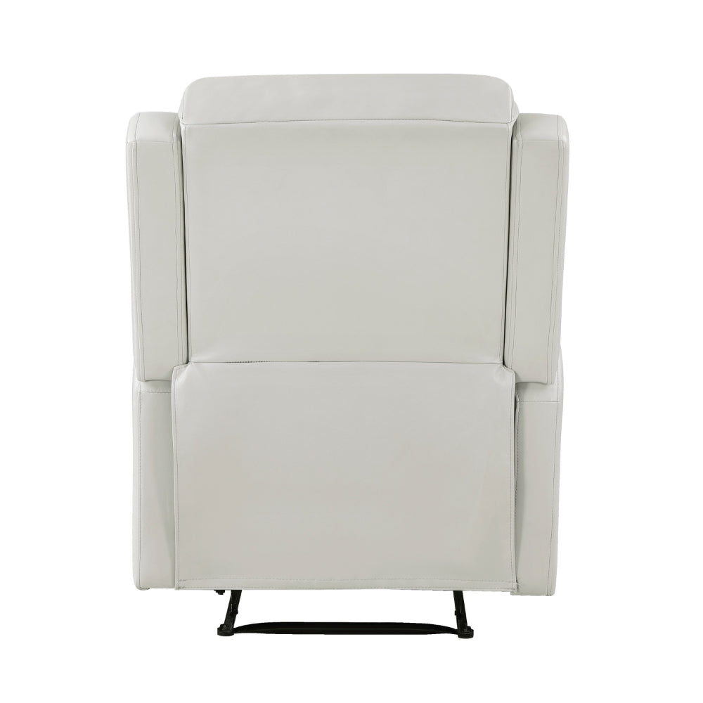 Kim 38 Inch Manual Recliner Chair, Off White Faux Leather, Solid Wood