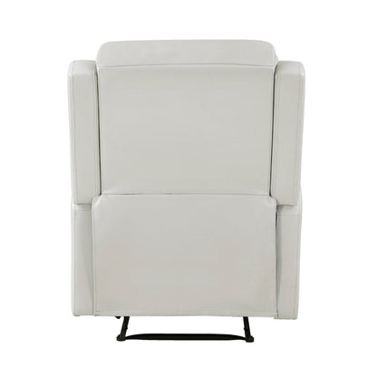 Kim 38 Inch Manual Recliner Chair, Off White Faux Leather, Solid Wood