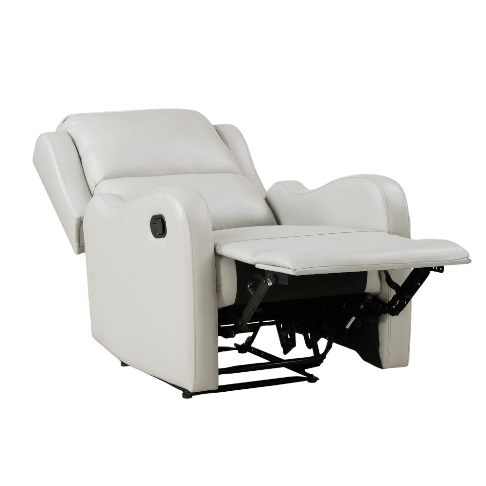 Kim 38 Inch Manual Recliner Chair, Off White Faux Leather, Solid Wood