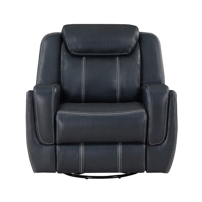 Louise 40 Inch Swivel Glider Manual Recliner Chair, Blue Faux Leather