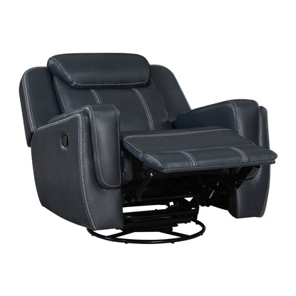 Louise 40 Inch Swivel Glider Manual Recliner Chair, Blue Faux Leather
