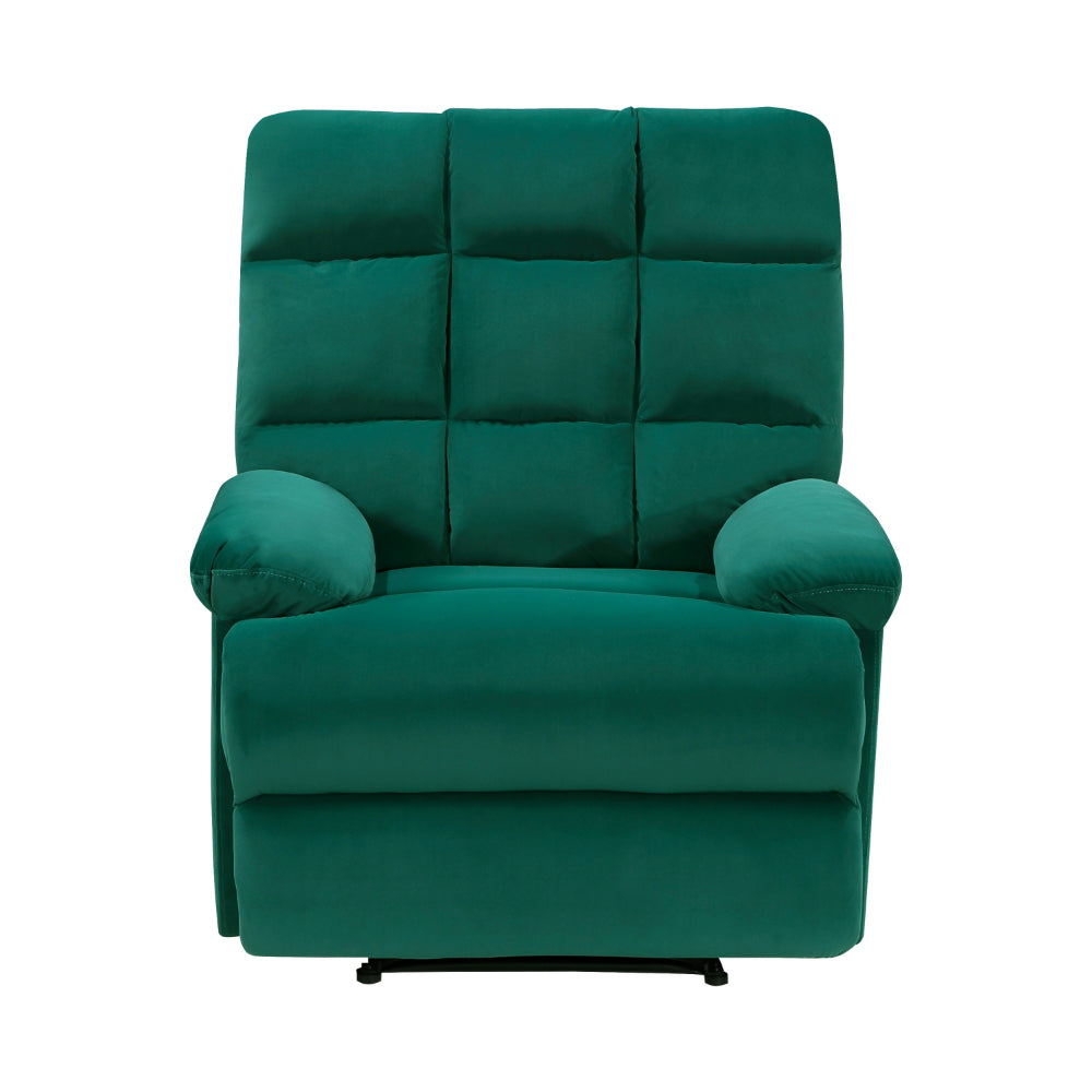 Patty 36 Inch Manual Recliner Chair, Cushioned, Green Velvet, Solid Wood