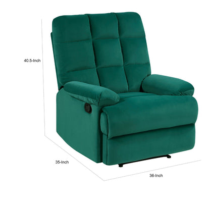 Patty 36 Inch Manual Recliner Chair, Cushioned, Green Velvet, Solid Wood