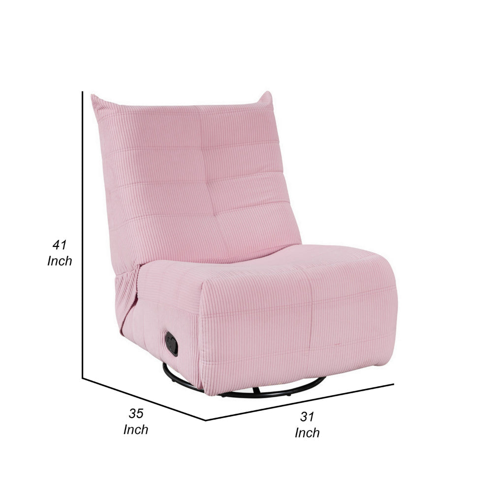 Gea 35 Inch Swivel Recliner Chair, Tufted, Pink Corduroy, Solid Wood