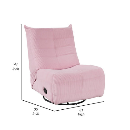 Gea 35 Inch Swivel Recliner Chair, Tufted, Pink Corduroy, Solid Wood