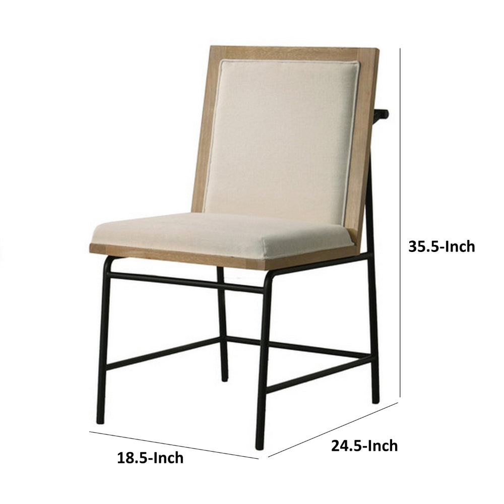 Tory 25 Inch Dining Chair Set of 2, Cream Fabric, Brown Wood, Black Metal