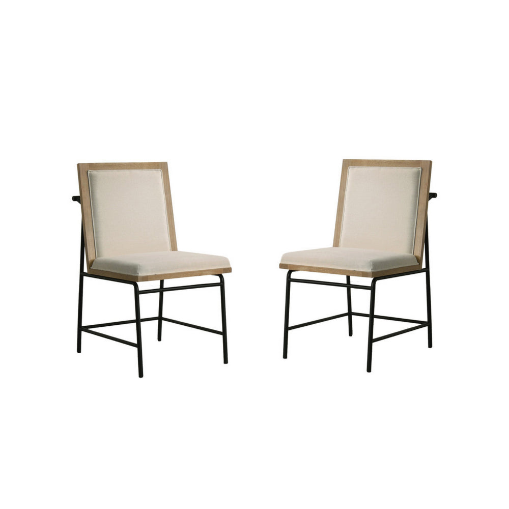 Tory 25 Inch Dining Chair Set of 2, Cream Fabric, Brown Wood, Black Metal