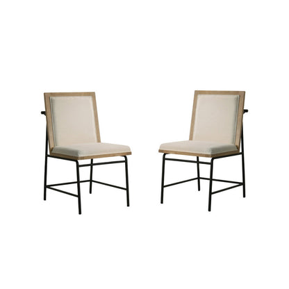 Tory 25 Inch Dining Chair Set of 2, Cream Fabric, Brown Wood, Black Metal