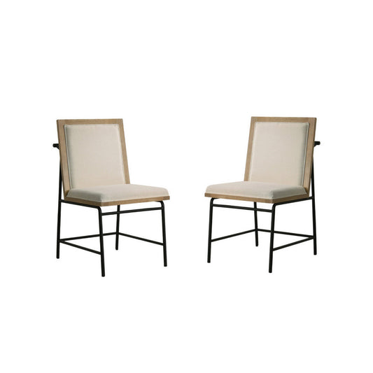 Tory 25 Inch Dining Chair Set of 2, Cream Fabric, Brown Wood, Black Metal