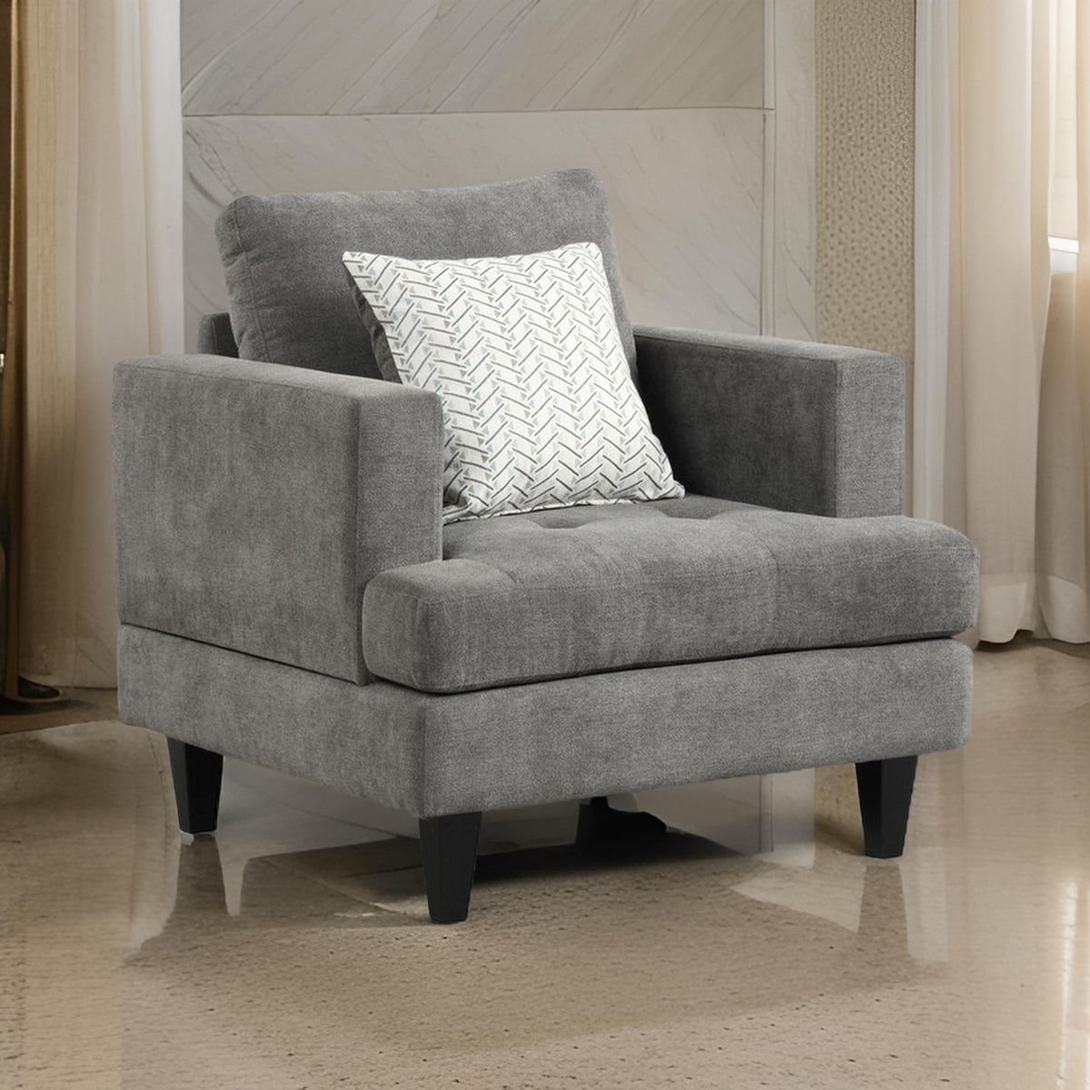 Lae 35 Inch Sofa Chair, 1 Throw Pillow, Tufted, Gray Chenille Upholstery