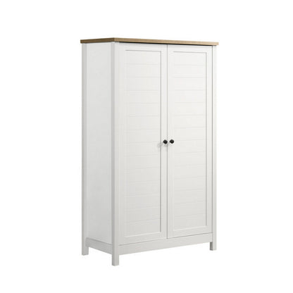 Aie 60 Inch Storage Cabinet, Framed Slatted Panel Doors, White, Brown Wood