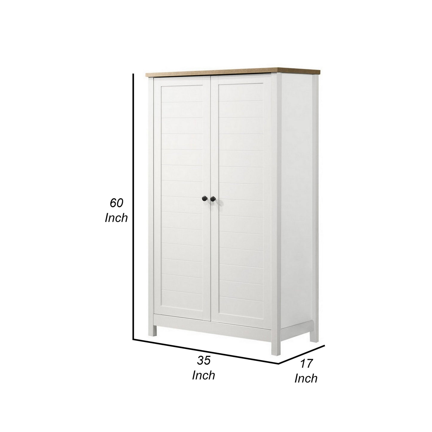Aie 60 Inch Storage Cabinet, Framed Slatted Panel Doors, White, Brown Wood