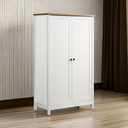 Aie 60 Inch Storage Cabinet, Framed Slatted Panel Doors, White, Brown Wood