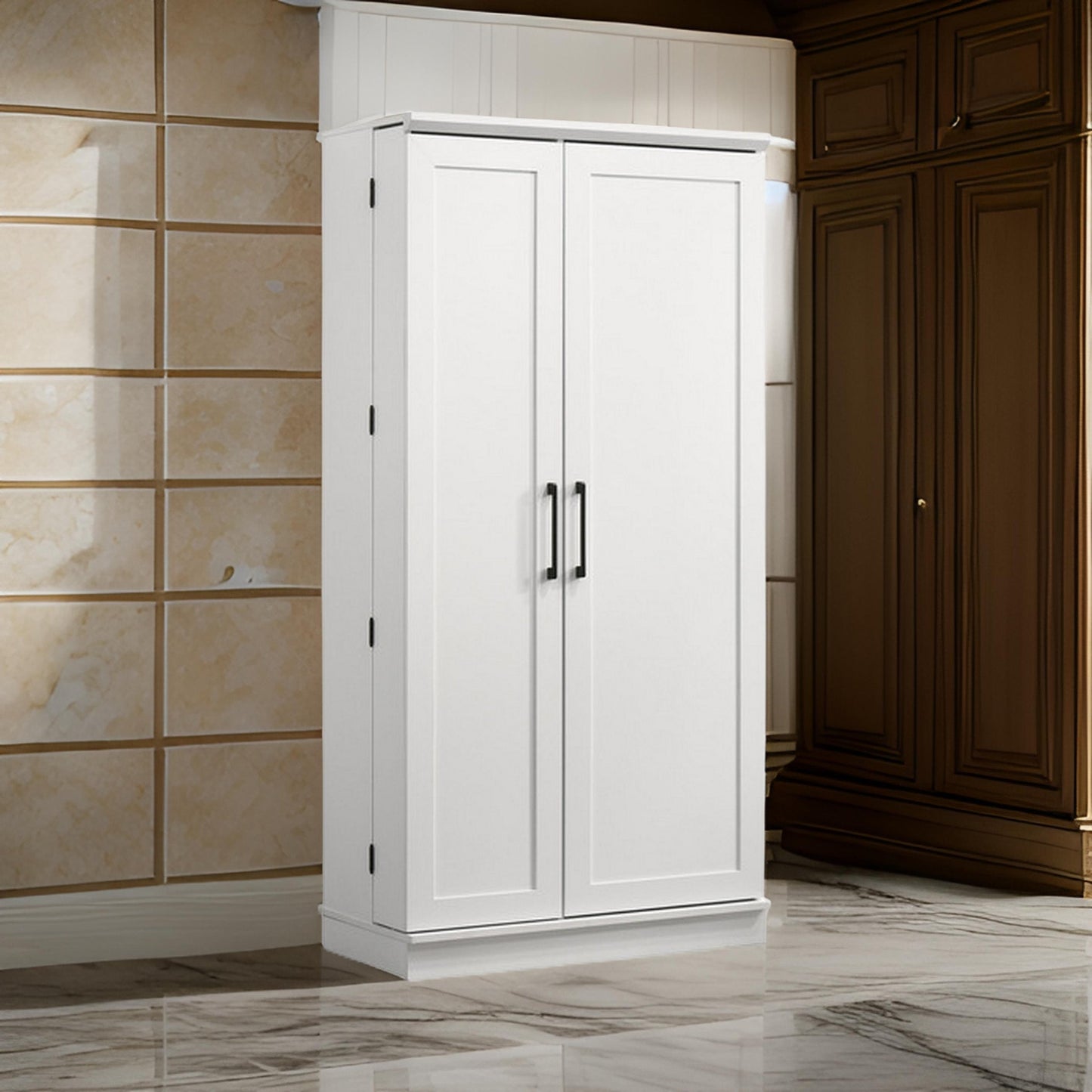 Coe 71 Inch Storage Cabinet Wardrobe with Swing Out Door, White Solid Wood