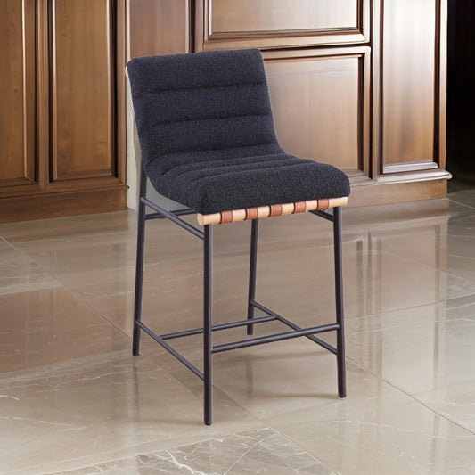 Kive 24 Inch Counter Height Stool Chair, Black Boucle Channel Tufted Seat, Steel