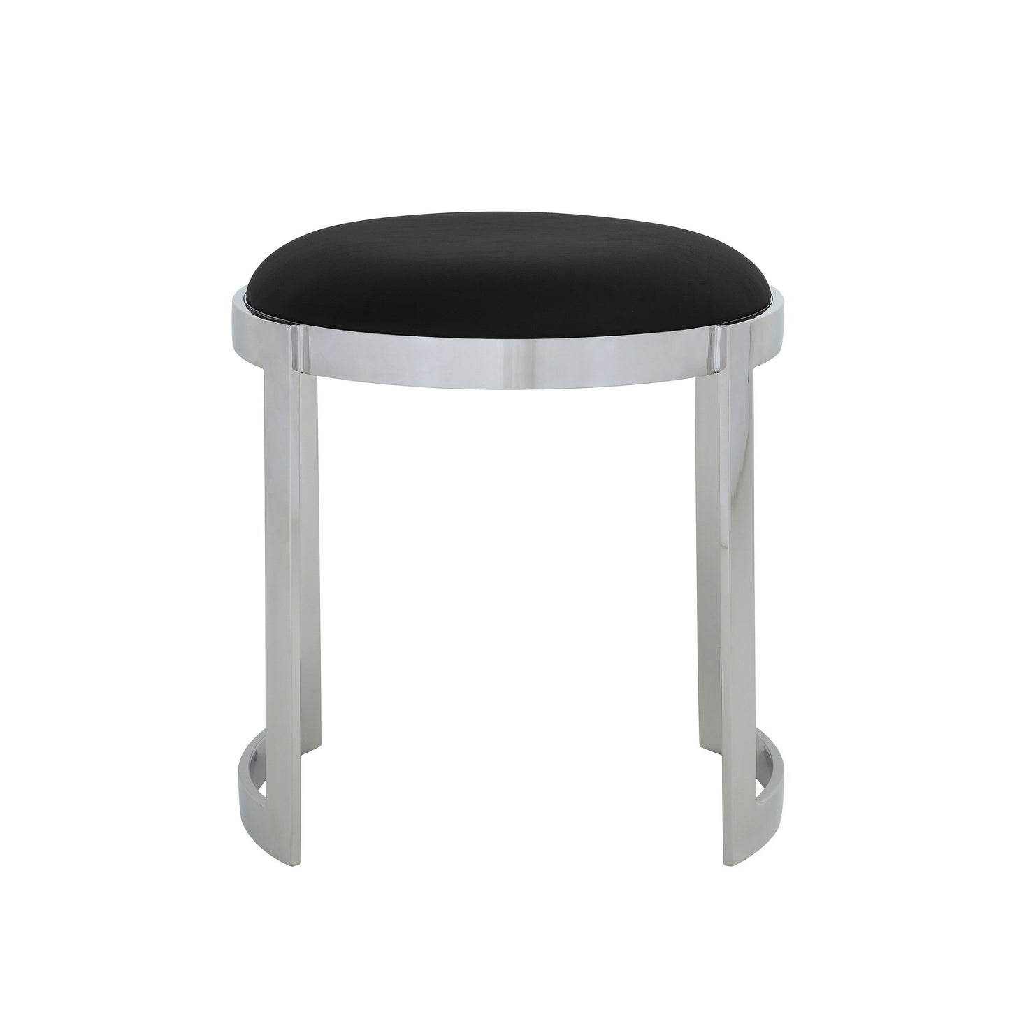 Niyo 19 Inch Accent Stool Ottoman Ottoman, Round Black Faux Leather, Silver