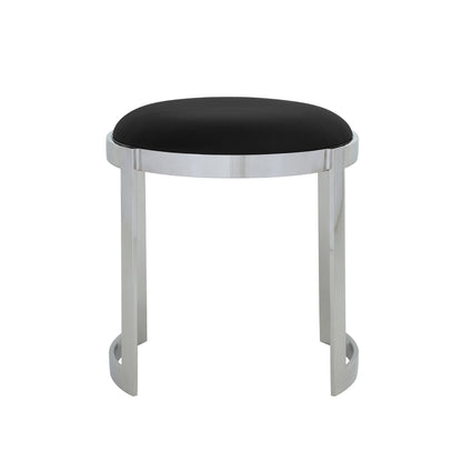 Niyo 19 Inch Accent Stool Ottoman Ottoman, Round Black Faux Leather, Silver