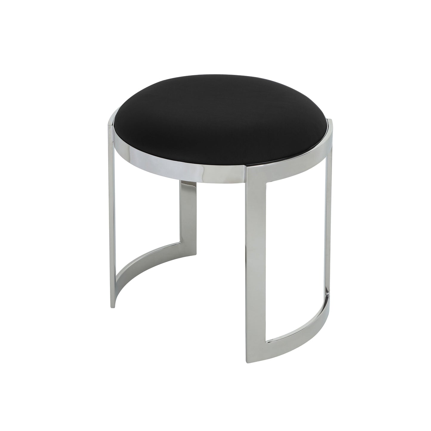 Niyo 19 Inch Accent Stool Ottoman Ottoman, Round Black Faux Leather, Silver