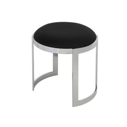 Niyo 19 Inch Accent Stool Ottoman Ottoman, Round Black Faux Leather, Silver