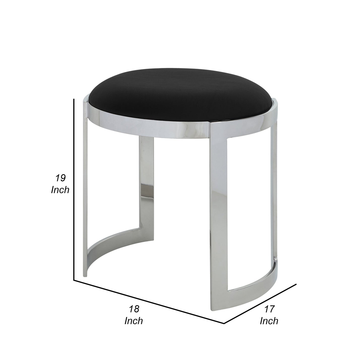 Niyo 19 Inch Accent Stool Ottoman Ottoman, Round Black Faux Leather, Silver